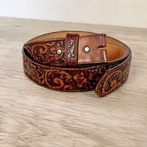 Justin Tooled Leather Western Belt No Buckle Brown Floral Studded Size 34